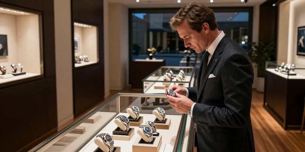Customer admiring super clone watches in a luxurious retail setting highlighting craftsmanship and elegance.