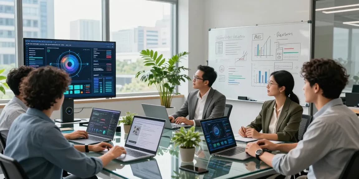 Marketing team collaborating using AI marketing tools in a modern office setting.