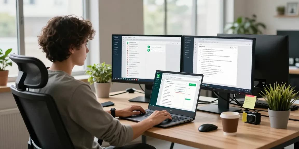 Engaged professional using WhatsApp電腦版 in a modern office setup with multiple screens and natural light.