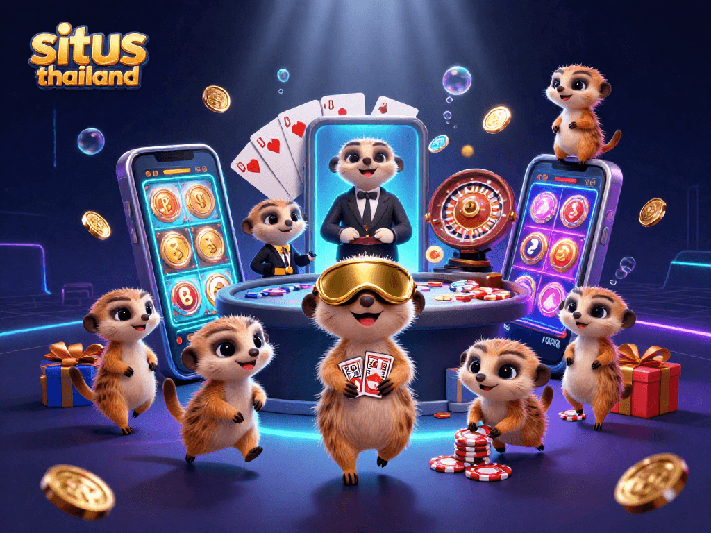 Situs Thailand showcases playful meerkats managing a vibrant casino operation, capturing the thrilling gaming experience.