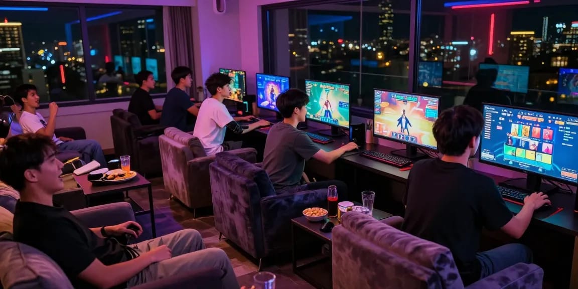 Players enjoying an adult game in a lively gaming lounge with interactive screens.