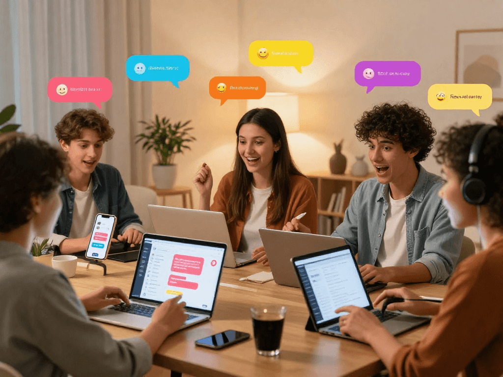 Engaging in AI sex chat technology, individuals connecting through diverse devices in a vibrant virtual room.