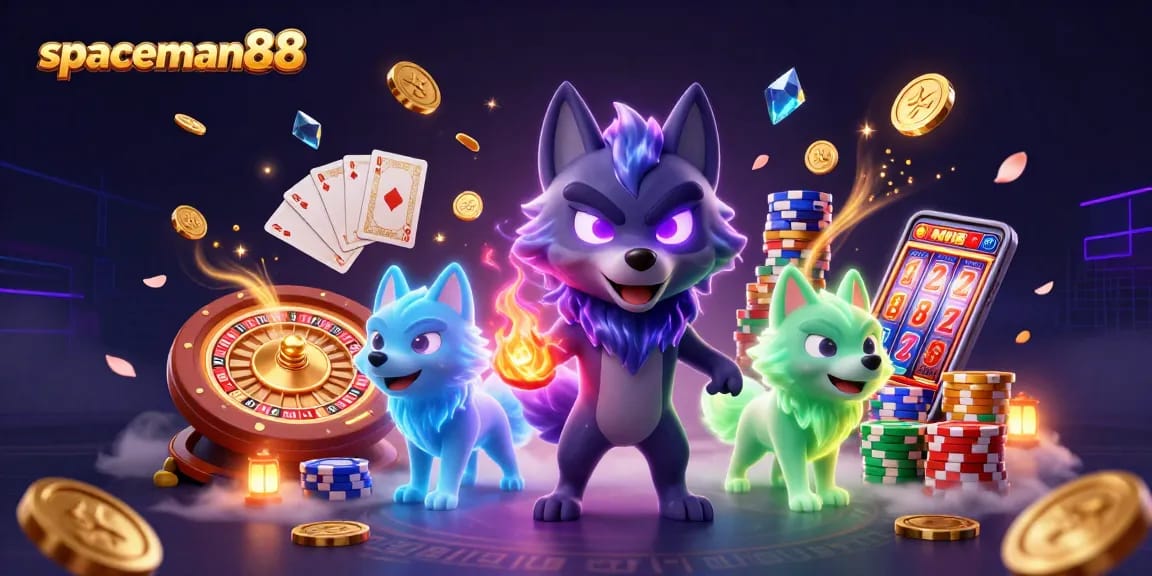 Experience the thrilling chase of spaceman88 amidst sparkling gems and winnings in a vivid casino scene.