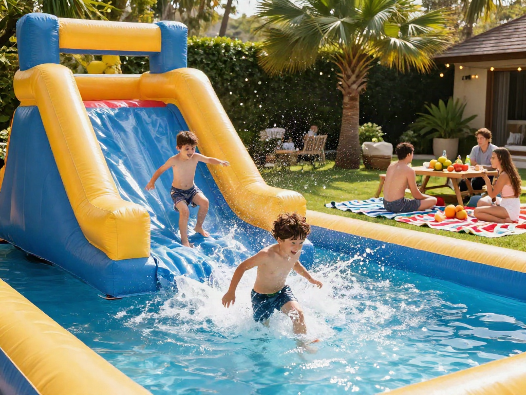 Kids joyfully playing on an inflatable water slide at a summer party, creating a fun atmosphere.