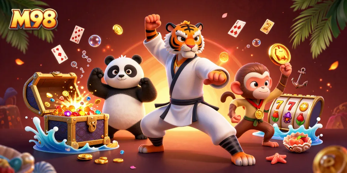 M98 casino illustration with a kung fu tiger master, panda disciple, and monkey stealing a medal amidst vibrant slot game elements.