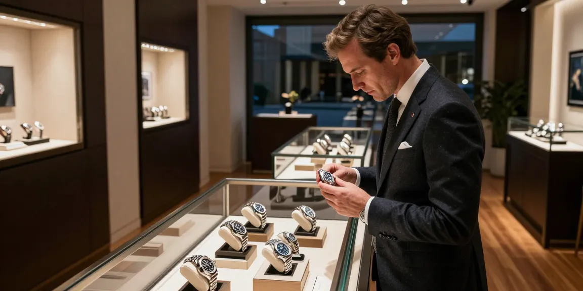Customer admiring super clone watches in a luxurious retail setting highlighting craftsmanship and elegance.