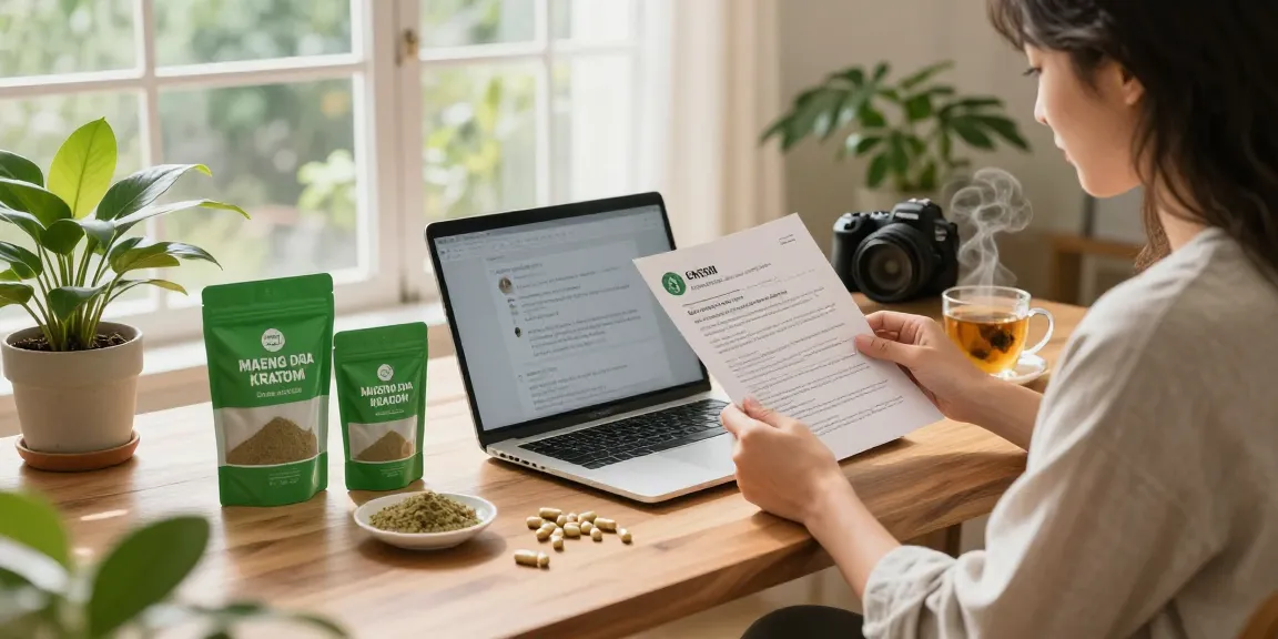 Shop green maeng da kratom online while exploring wellness benefits in a bright home office.