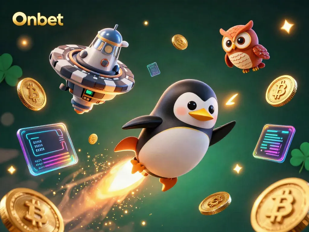Bet with Onbet in a vibrant casino space featuring a golden penguin and crypto elements.