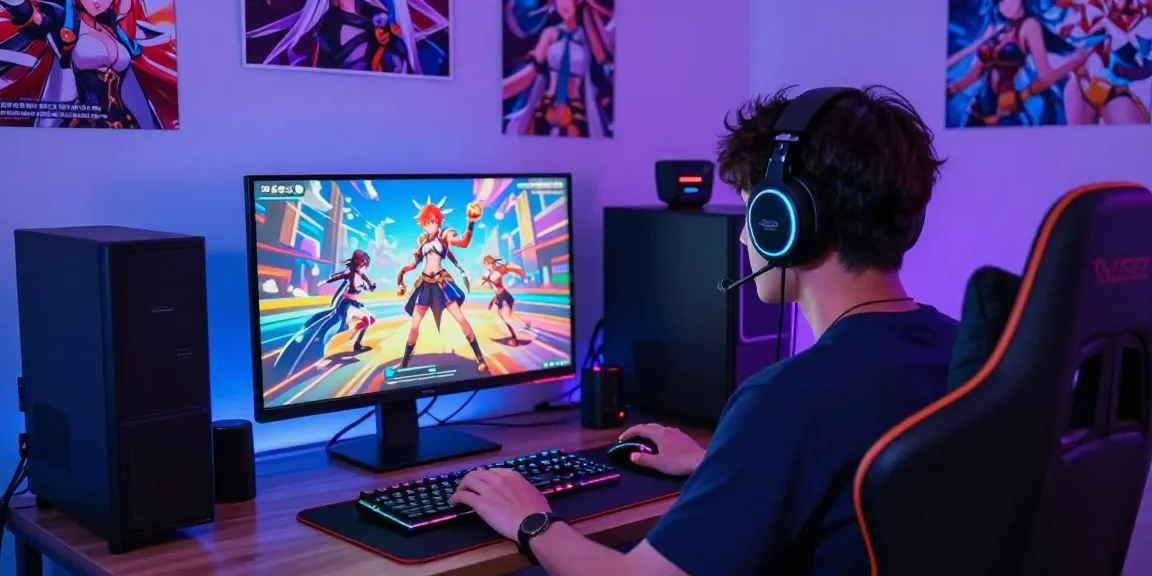 Player enjoying ecchi games in a vibrant gaming setup with RGB lighting and fantasy visuals.