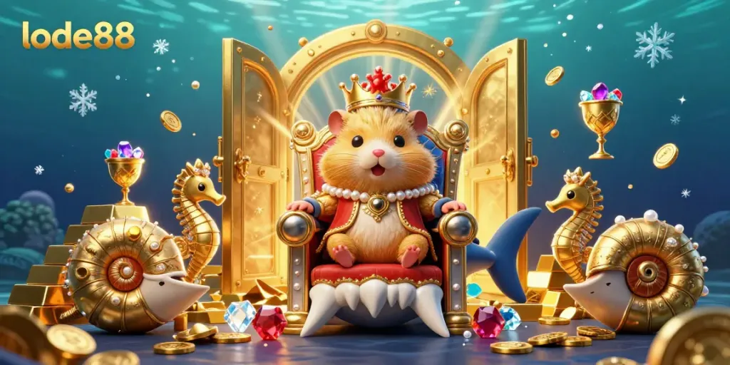 Engage in a vibrant lode88 gaming atmosphere with a golden hamster king and treasure elements in a dynamic underwater scene.