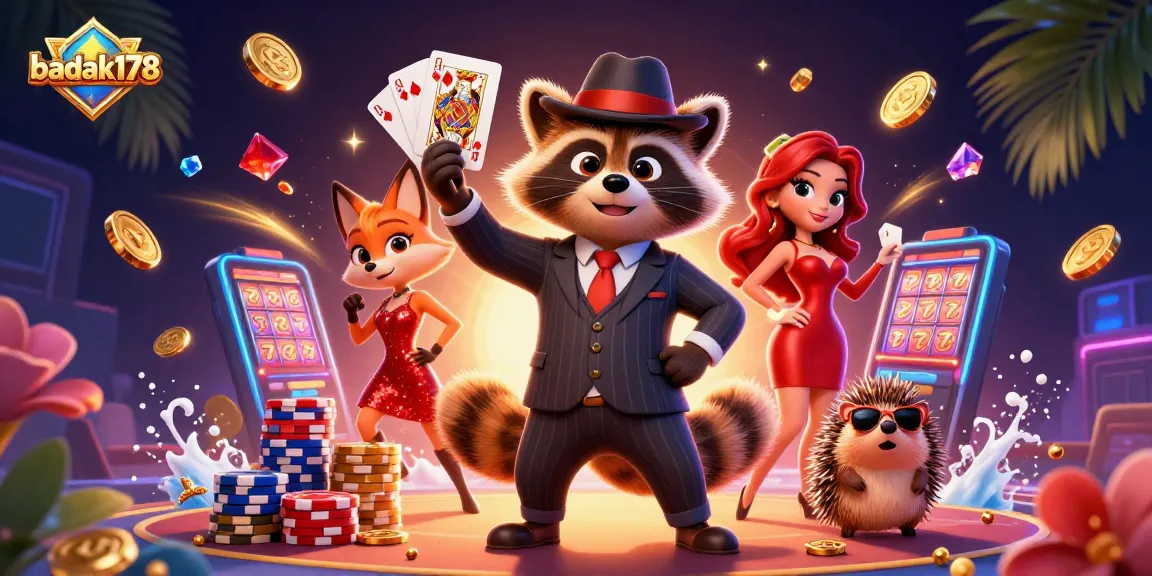 Experience the excitement of badak178 with a suave raccoon, glamorous fox, and bouncer amid vibrant casino action.