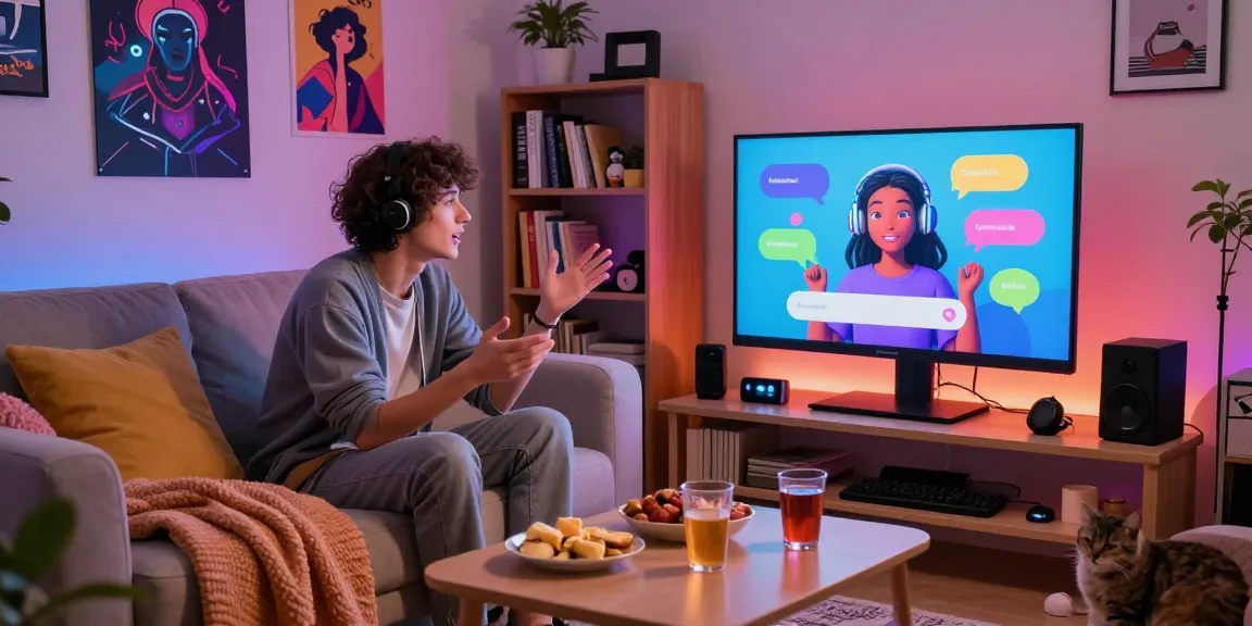 Engaging interaction with NSFW AI in a cozy home setting, showcasing conversation and tech ambiance.