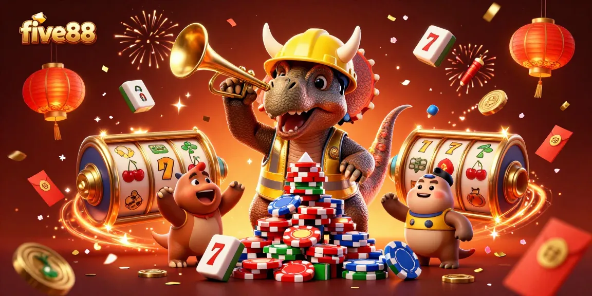Build winning strategies with five88 as dinosaur characters celebrate at a vibrant casino scene.