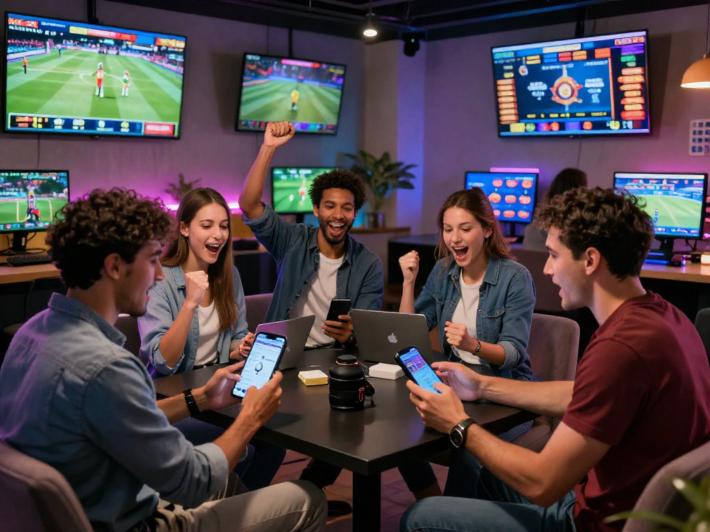 Diverse players enjoying live sports betting experience on EK333, surrounded by vibrant game displays and exciting atmosphere.