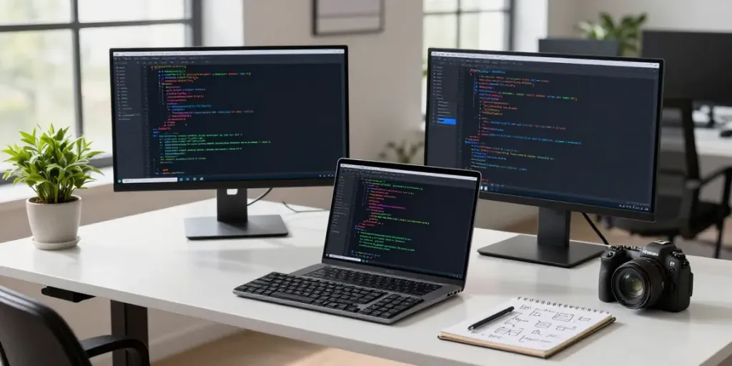 Developer using instant indexing tools in a modern tech workspace with dual monitors and natural light.