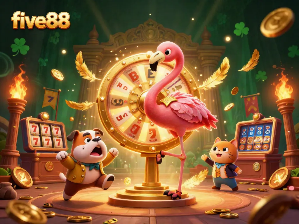 Engage in five88 with exciting casino games featuring a dynamic cartoon scene.