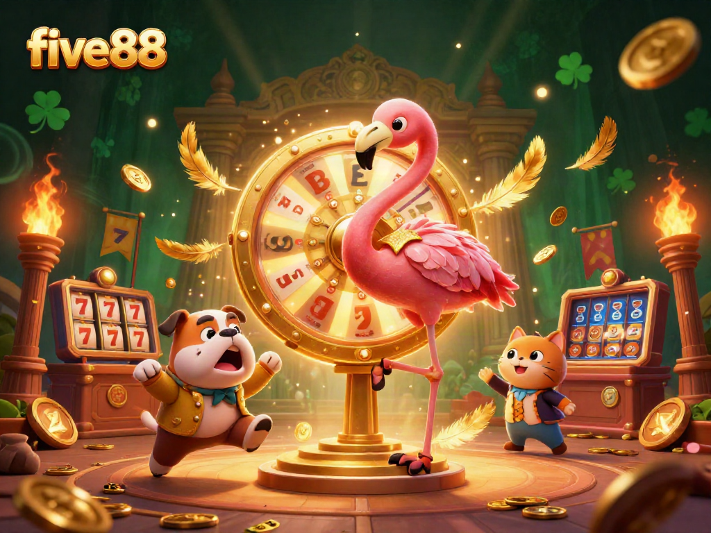 Engage in five88 with exciting casino games featuring a dynamic cartoon scene.