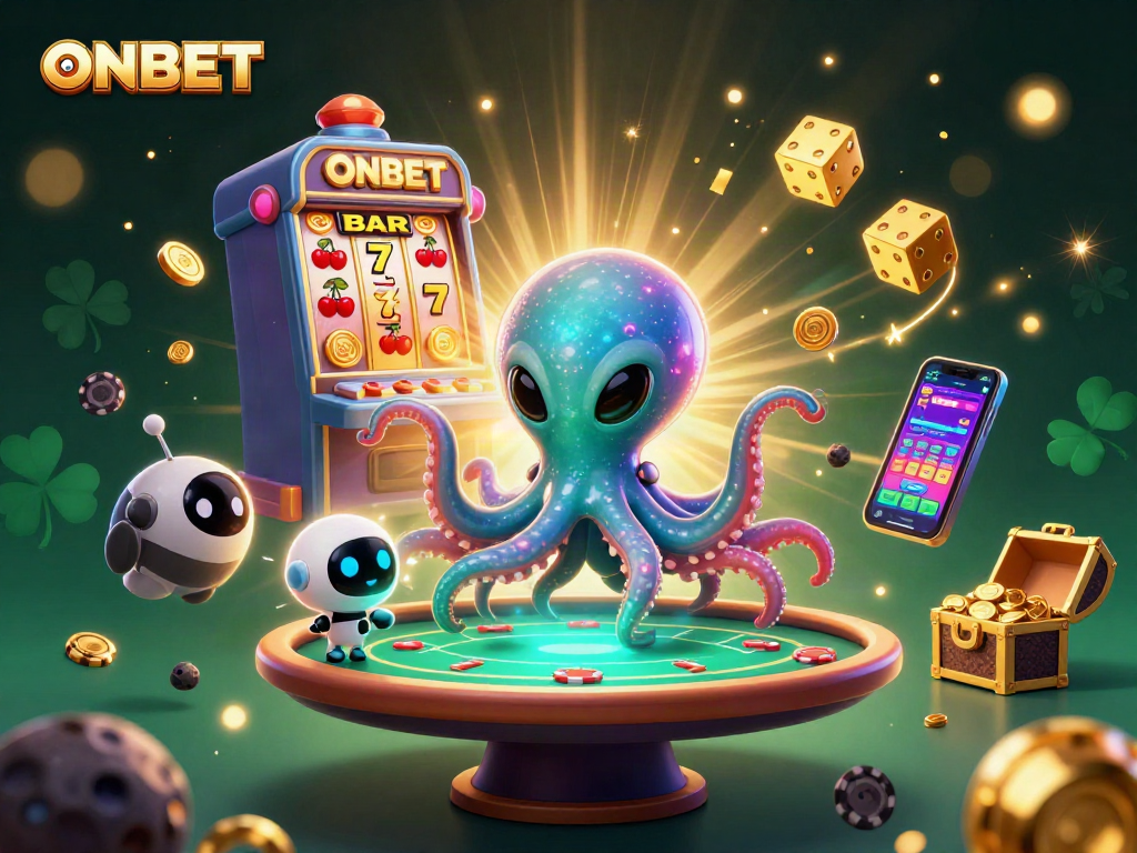 Engage with ONBET's vibrant casino scene featuring an alien octopus and a robot amidst exciting gaming elements.