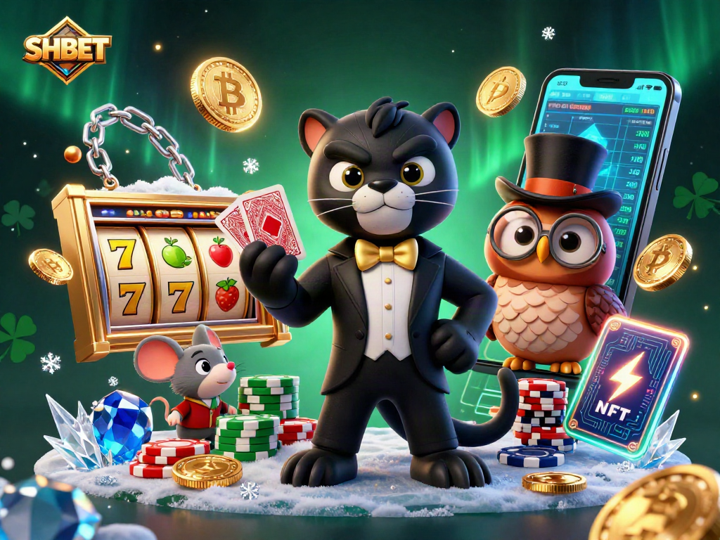 Engage in exciting games at SHBET with the stylish panther dealing cards surrounded by vibrant casino elements.