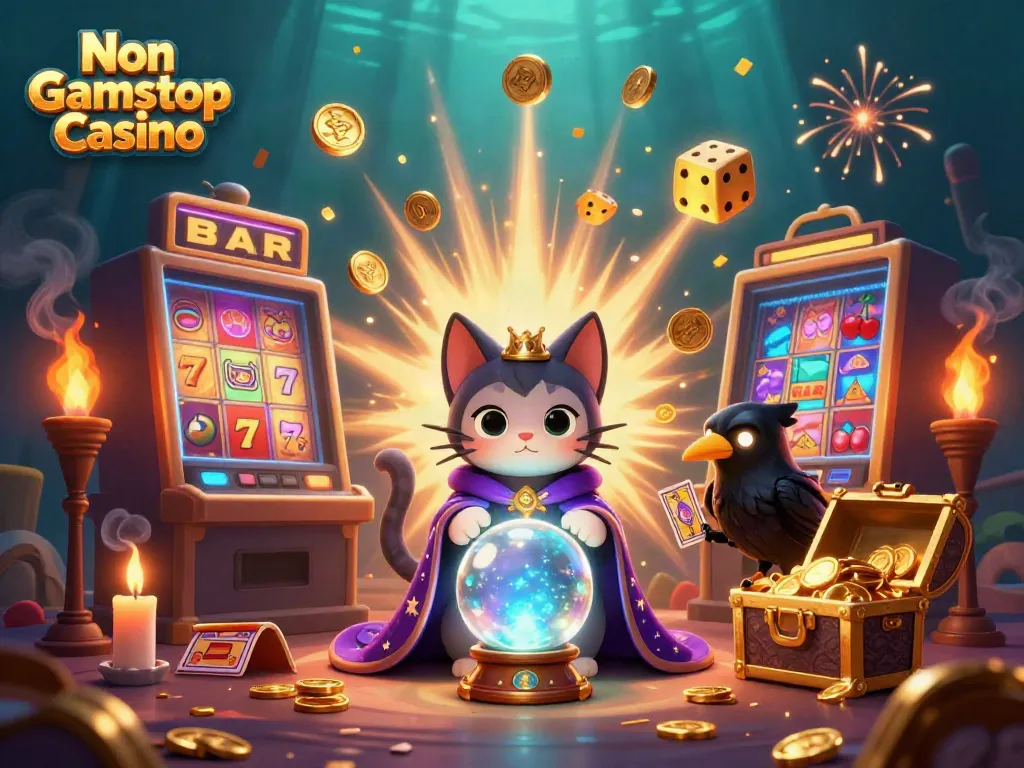 Experience the excitement at Non Gamstop Casino with vibrant 3D illustration showcasing mystical characters and dynamic gaming elements.