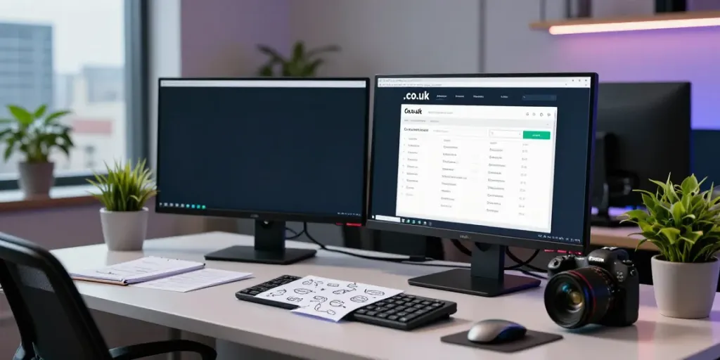 Focused professional registering a .co.uk domain, showcasing a modern workstation setup.