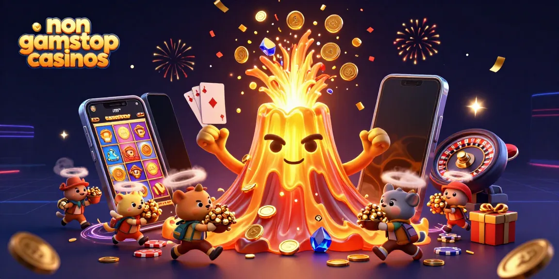 Engage with non gamstop casinos as a golden volcano erupts coins and treasure amidst festive gaming elements.