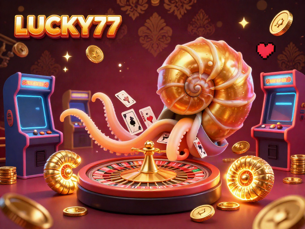 Engage in the excitement with LUCKY77, featuring a giant golden nautilus roulette wheel and vibrant game elements.