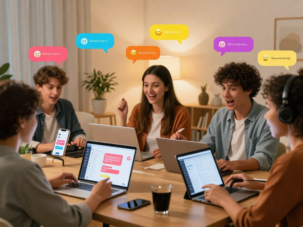 Engaging in AI sex chat technology, individuals connecting through diverse devices in a vibrant virtual room.
