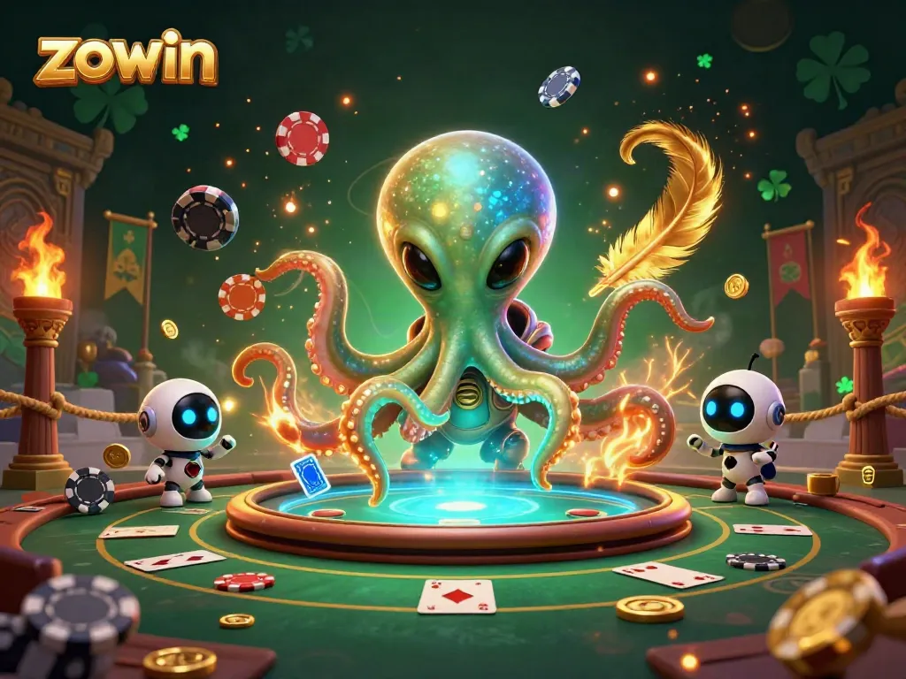 Experience thrilling poker action with the vibrant zowin illustration featuring an alien octopus and holographic table.