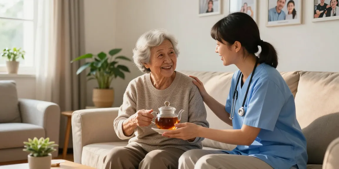 Caring support by caregiver at home, emphasizing care agencies birmingham in a warm living space.