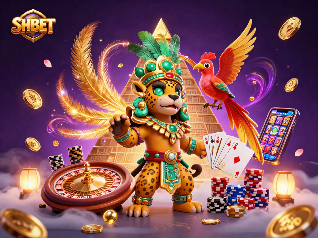Engage with SHBET's vibrant casino scene featuring Mayan characters, golden coins, and spinning roulette.