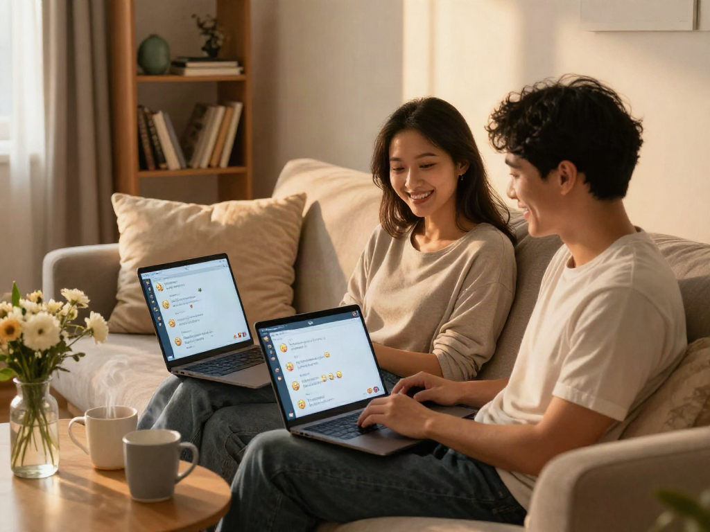 Couple enjoying AI sex chat in a cozy living room with glowing laptop screens.