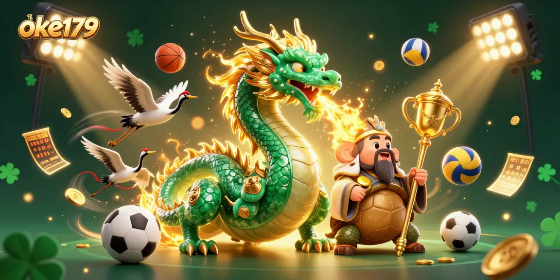 Experience thrilling gaming action at oke179 with captivating dragon and turtle scene.