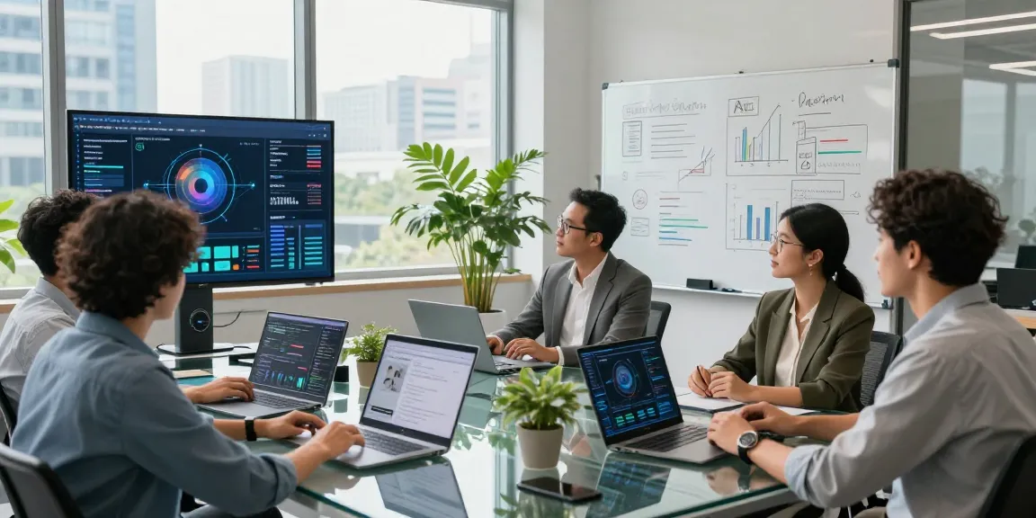 Marketing team collaborating using AI marketing tools in a modern office setting.