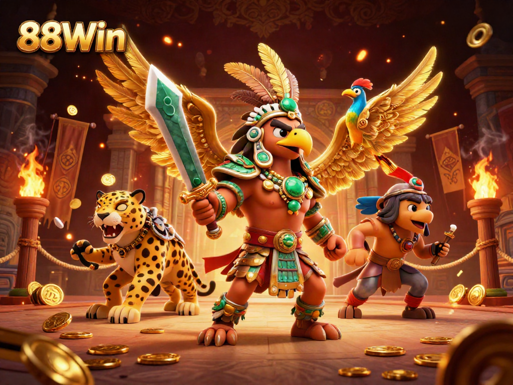 Engage in thrilling gameplay at 88Win, featuring a dynamic casino-themed scene with vibrant characters and rich game elements.