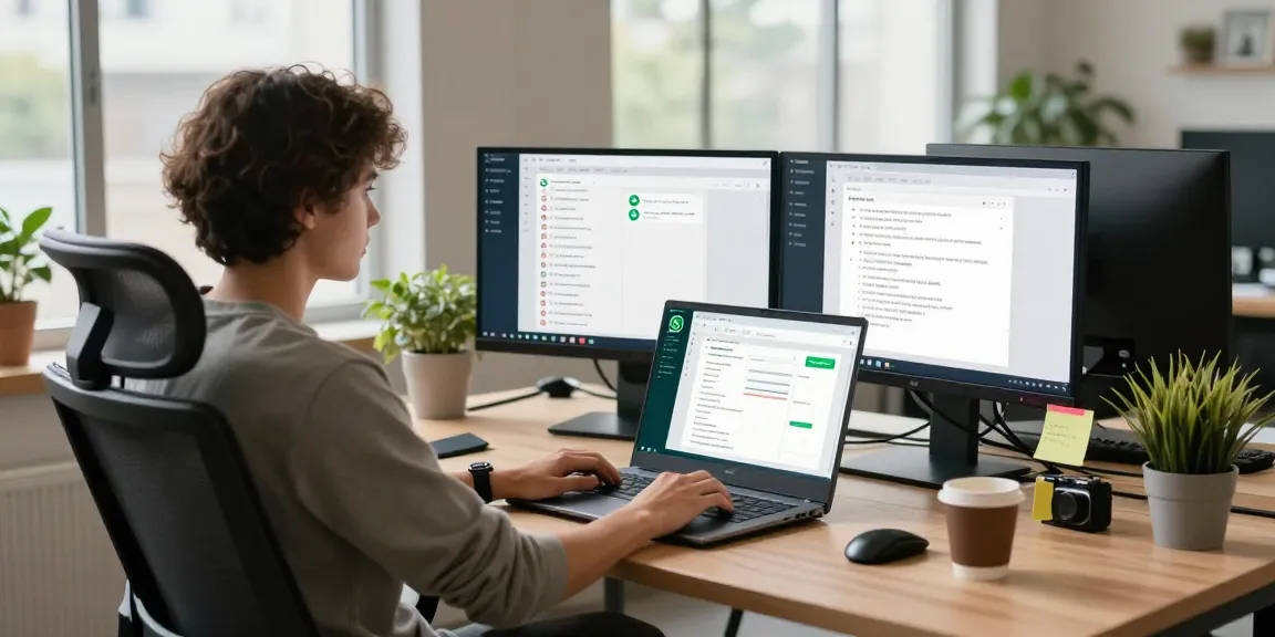 Engaged professional using WhatsApp電腦版 in a modern office setup with multiple screens and natural light.