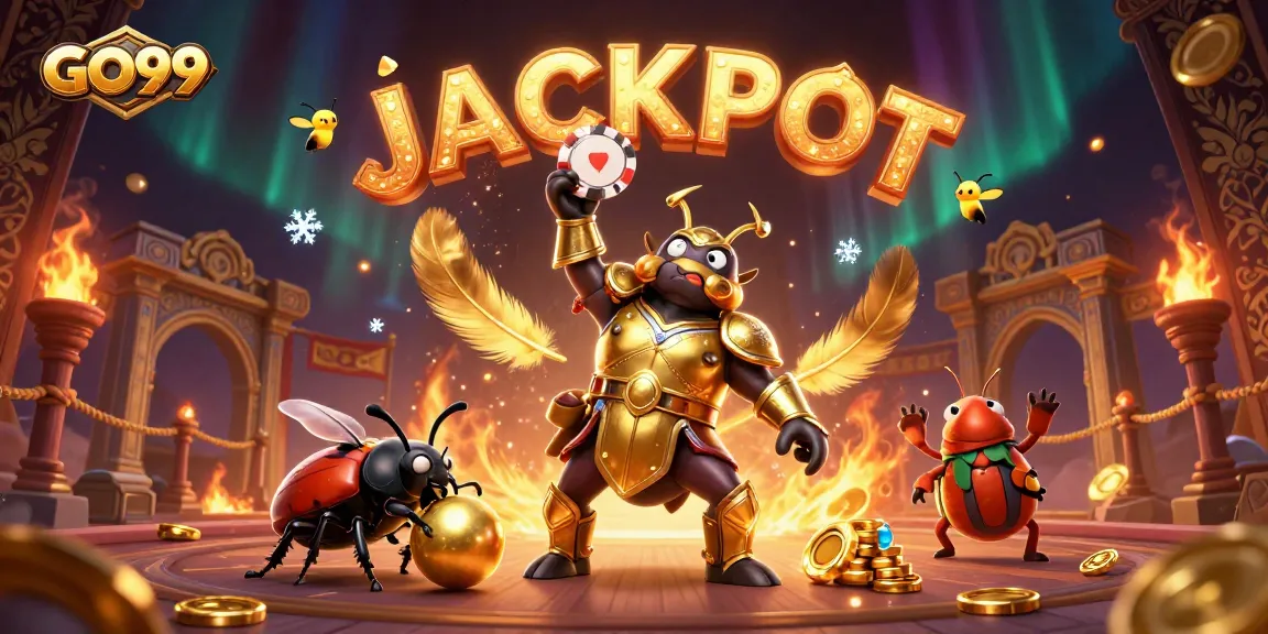 Experience GO99's thrilling gaming atmosphere as a heroic beetle celebrates a big win.