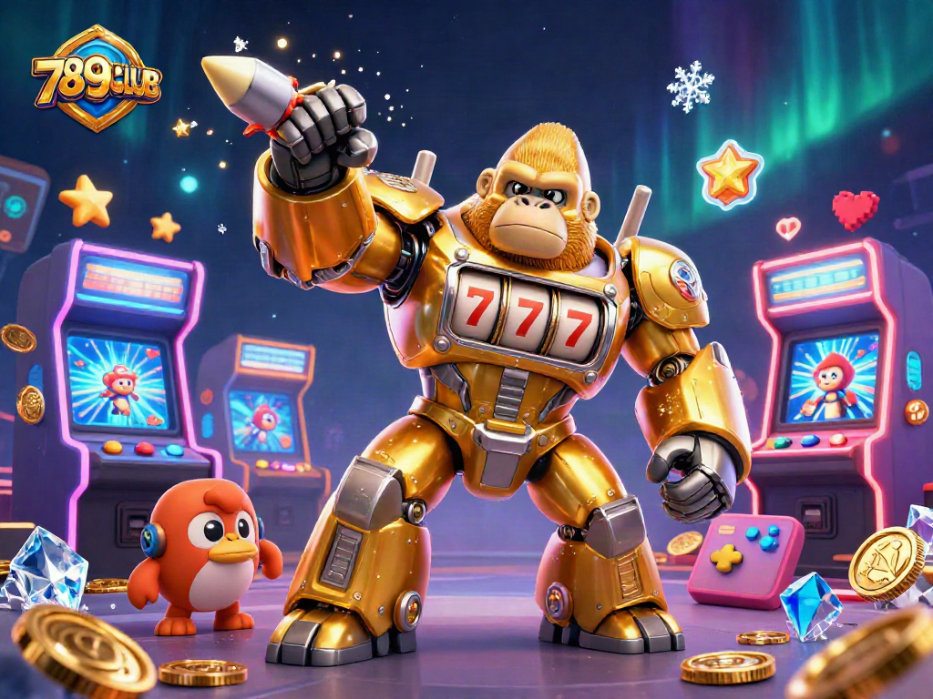 Experience the excitement of 789CLUB with a golden gorilla mech celebrating wins in a vibrant gaming scene.