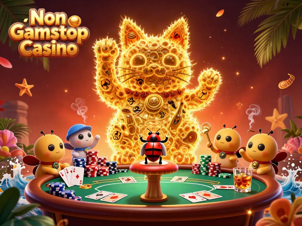 Engage with Non Gamstop Casino visuals featuring a giant waving lucky cat and vibrant gaming elements.