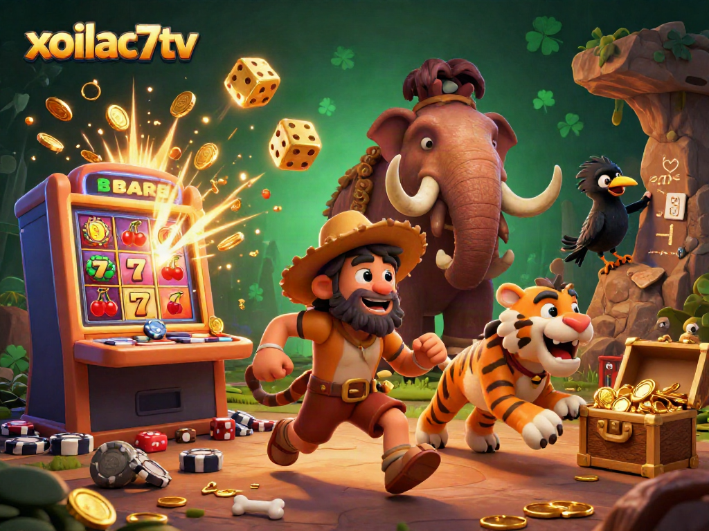 Xoilac7tv brings an exciting prehistoric casino scene with vibrant elements and dynamic characters.