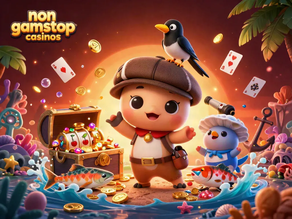 Engaging 3D scene featuring non gamstop casinos with colorful characters, slots, and treasures.