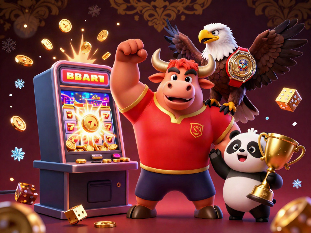Engage with nhà cái bóng đá uy tín hàng đầu 2026 illustrated in a vibrant casino scene featuring a victorious bull mascot, an eagle, and a panda.