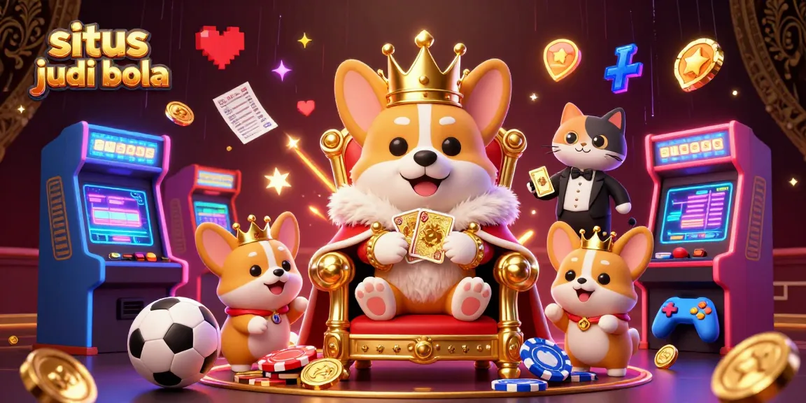 Situs judi bola engaging sports betting with a royal corgi, cat butler, and vibrant gaming elements.