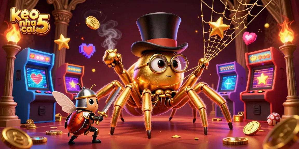 Engage with keo nha cai 5 as a golden tarantula weaves a web amid casino games.