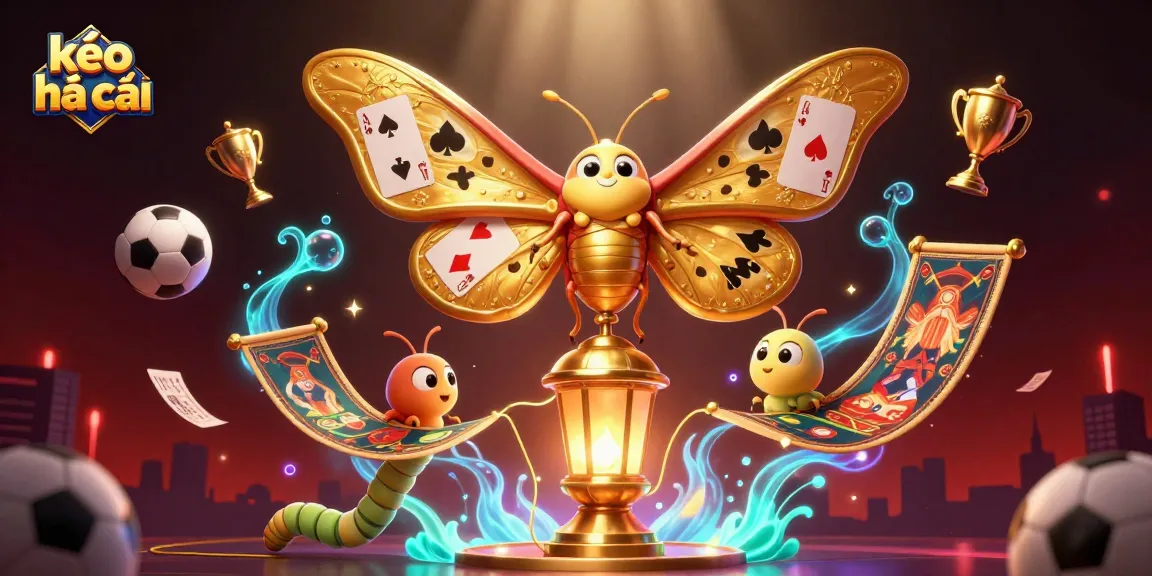 Engage in sports betting with kèo nhà cái, featuring vibrant visuals of trophies and betting slips.