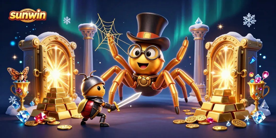 Sunwin showcases a vibrant casino scene with a golden tarantula and a beetle knight amid shimmering gold treasures.
