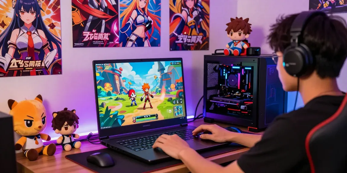 Engaging scene of a gamer playing hentai game in a colorful, immersive gaming environment.