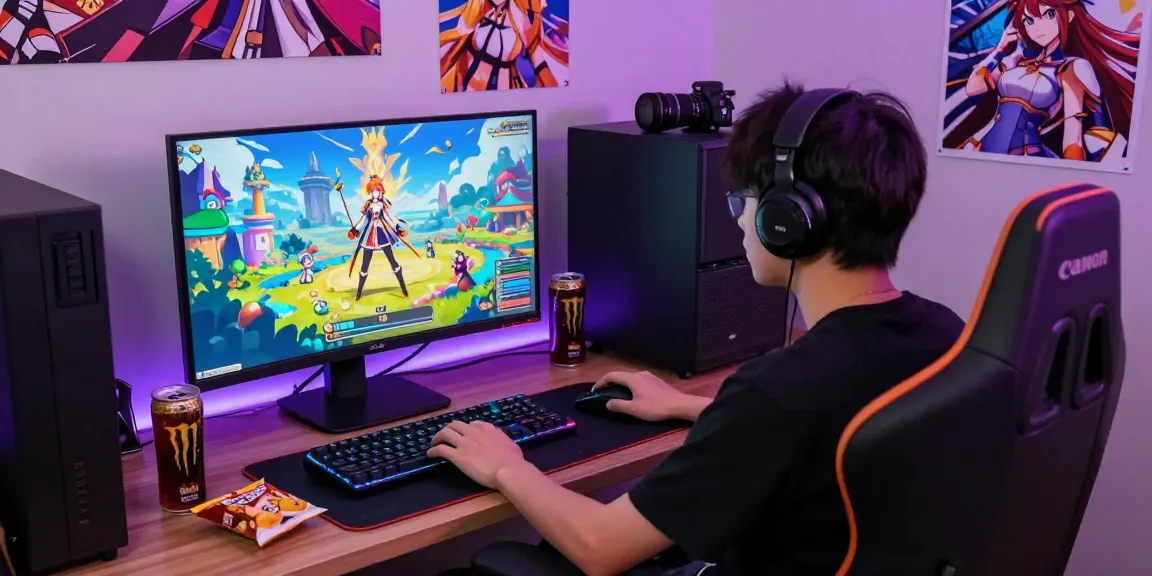 Engaging gaming setup featuring ecchi game characters on screen with vibrant lighting.
