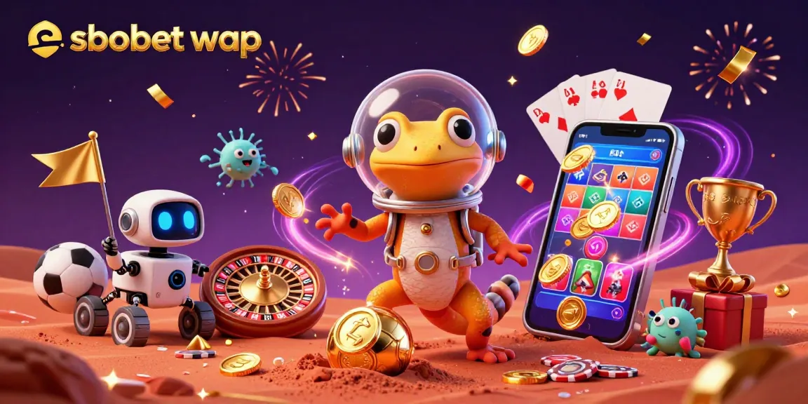 Bet on sbobet wap with a Martian gecko discovering a golden casino in a vibrant 3D world.