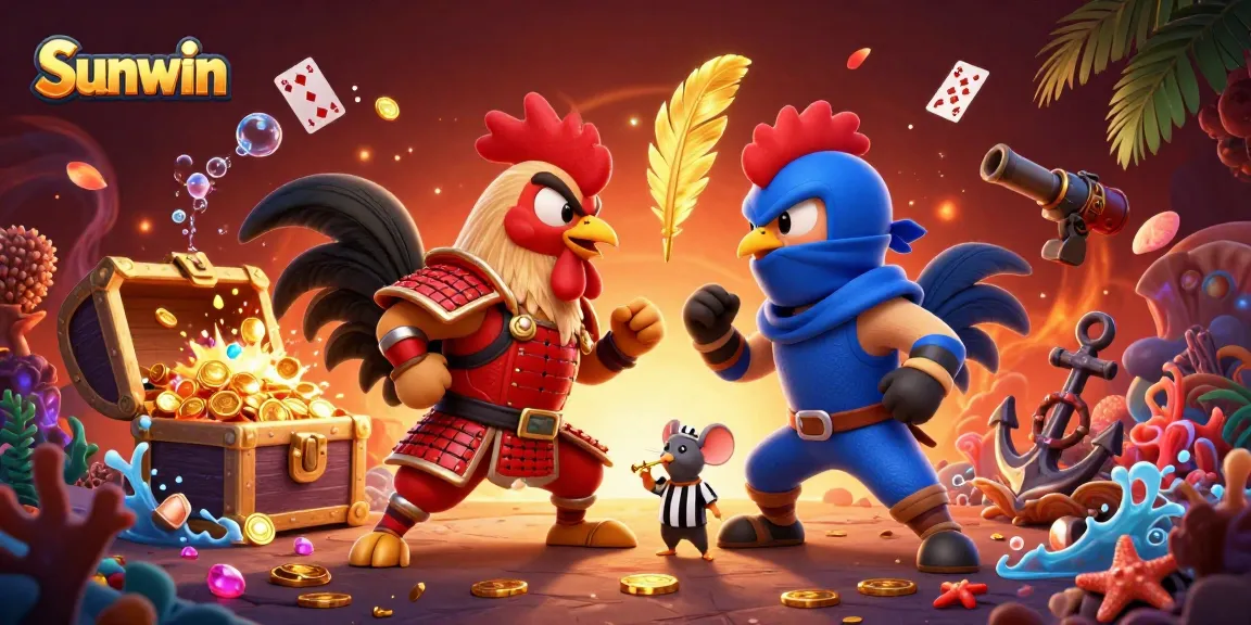 Sunwin showcases a thrilling duel between samurai and ninja roosters amidst a vibrant casino-themed scene.